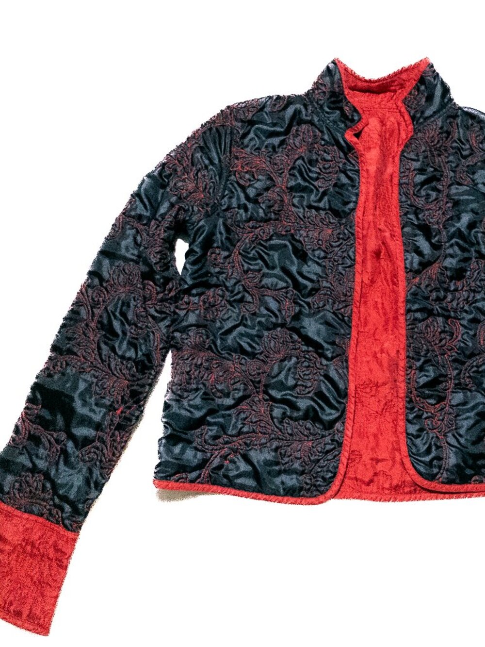 Vintage Red and Black Satin Reversible Jacket With Floral Embroidery